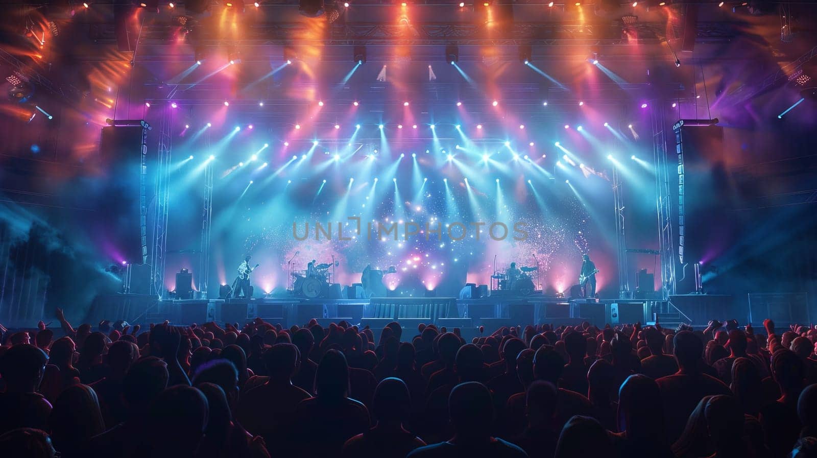 A large crowd of people are watching a concert with bright lights and a stage. Scene is energetic and exciting