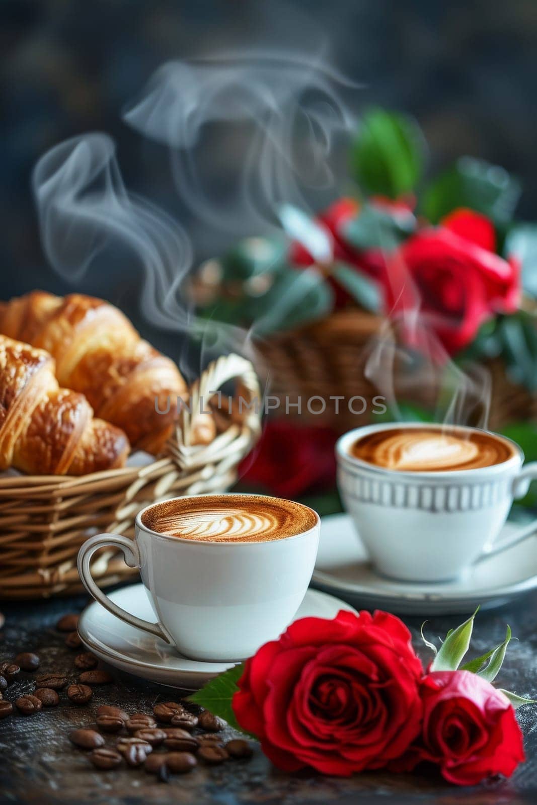 A white coffee cup with a rose on top sits next to another white coffee cup. The cups are filled with coffee and there are some coffee beans on the table