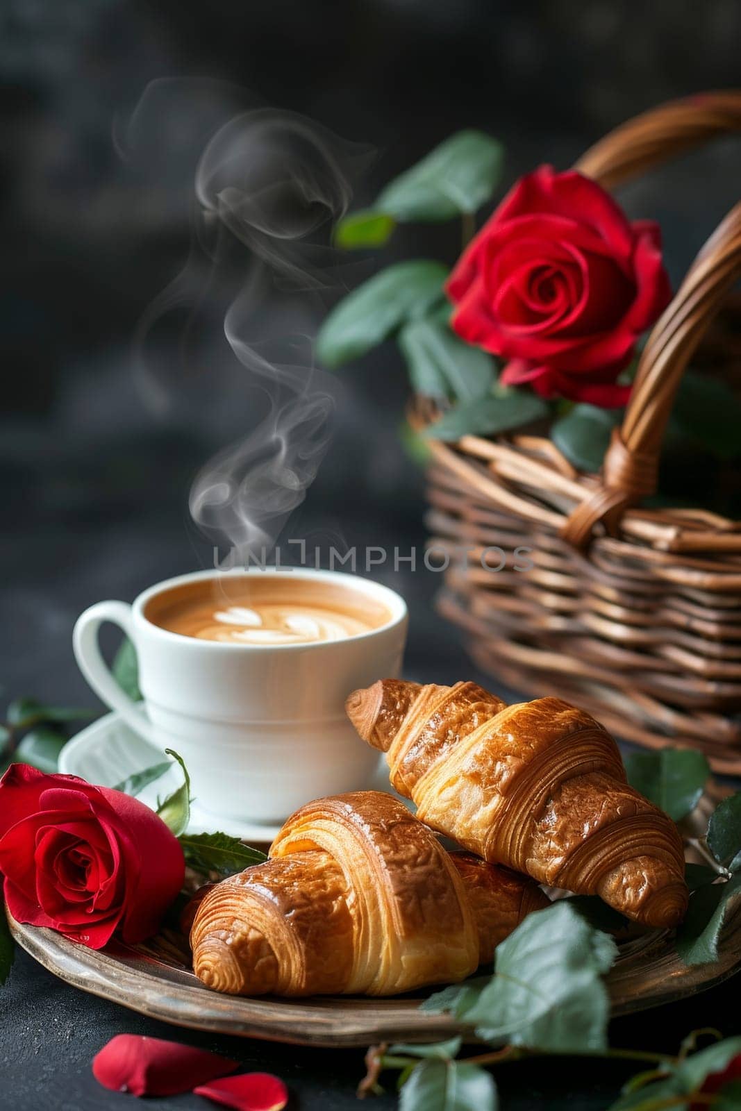A basket of croissants and a cup of coffee with steam rising from it. The basket is filled with red roses