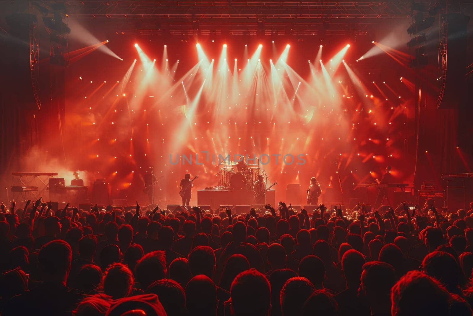 A concert with a large crowd of people and a stage with a band playing. The stage is lit up with bright lights and the audience is cheering