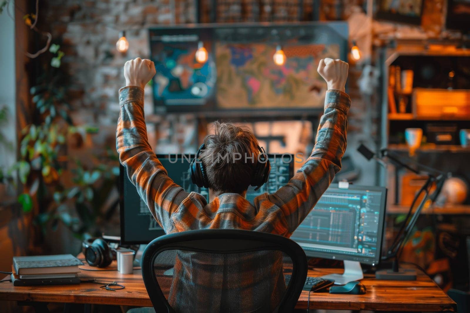 A man is sitting at a desk with a computer and a pair of headphones on by itchaznong