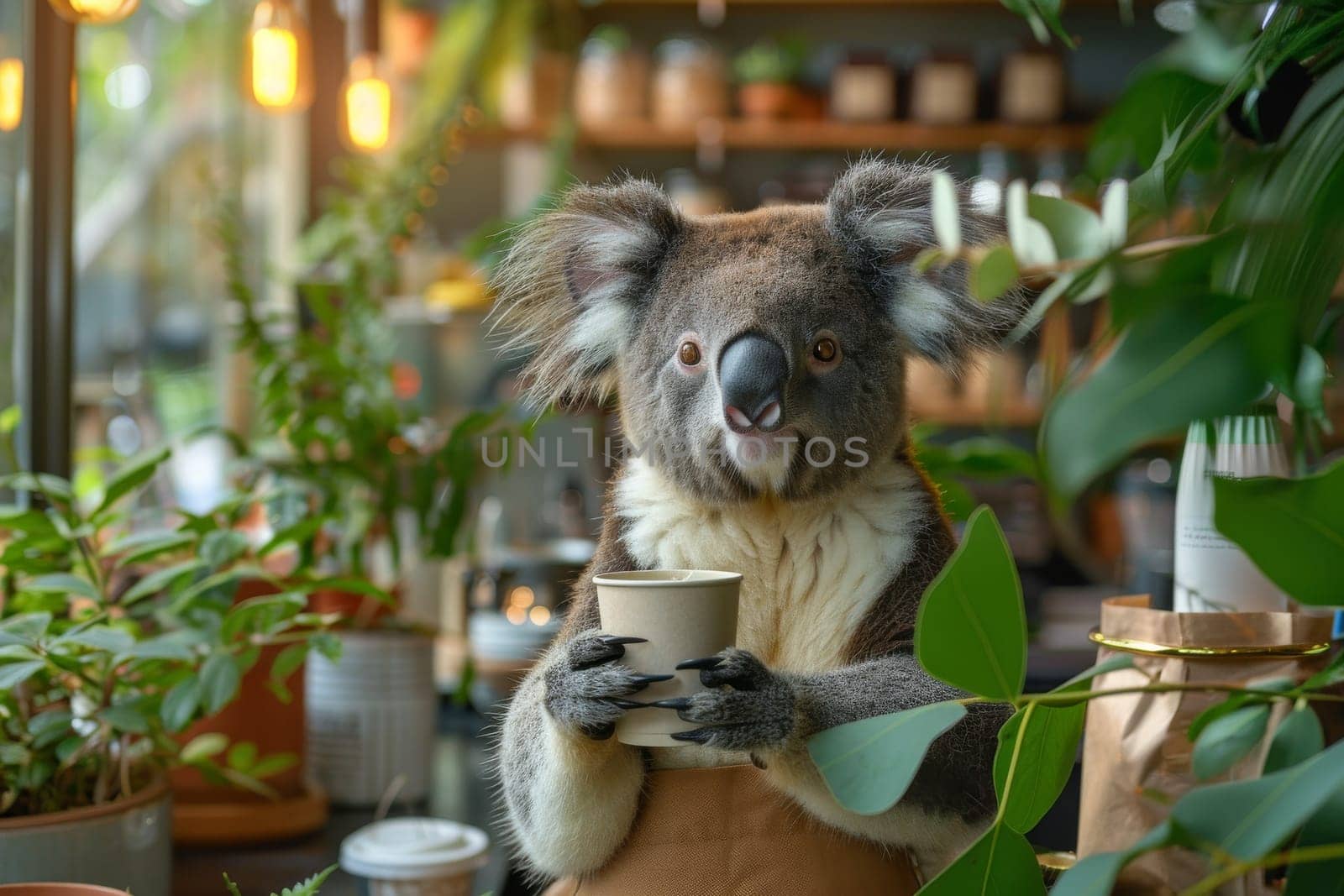 A koala is holding a cup of coffee in a cafe. The scene is lively and playful, with the koala being the main focus