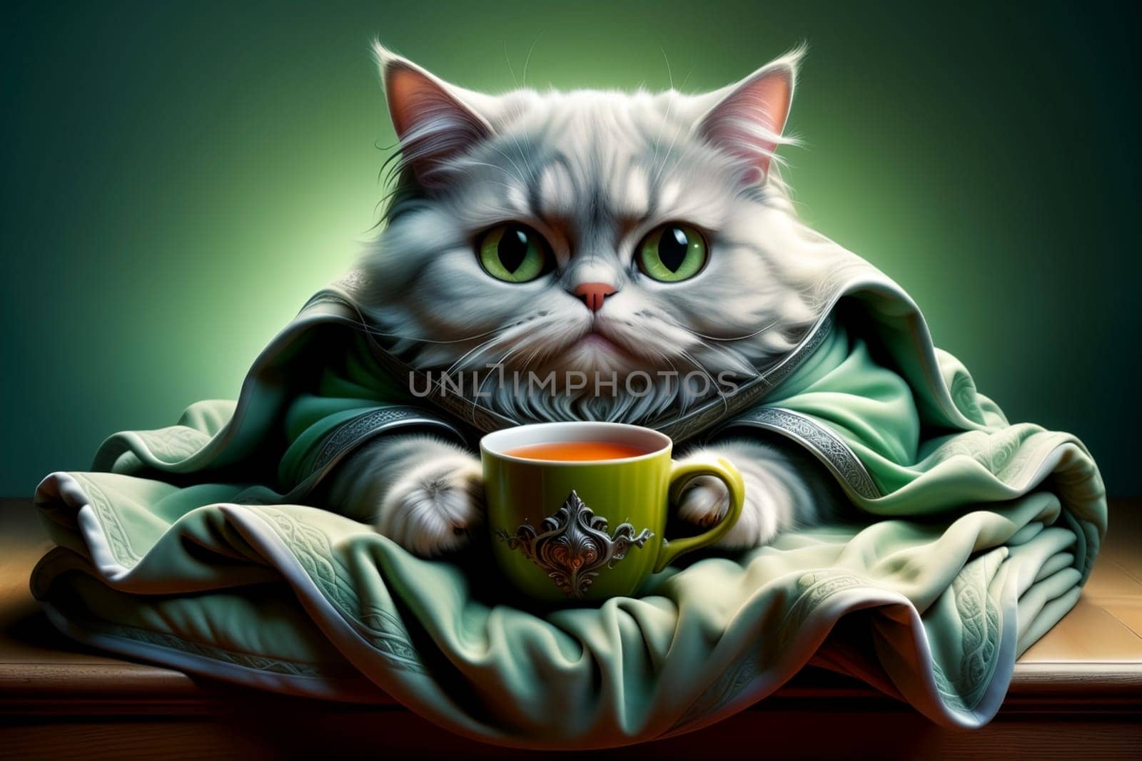 the cat lies in bed under a blanket and drinks hot tea by Rawlik