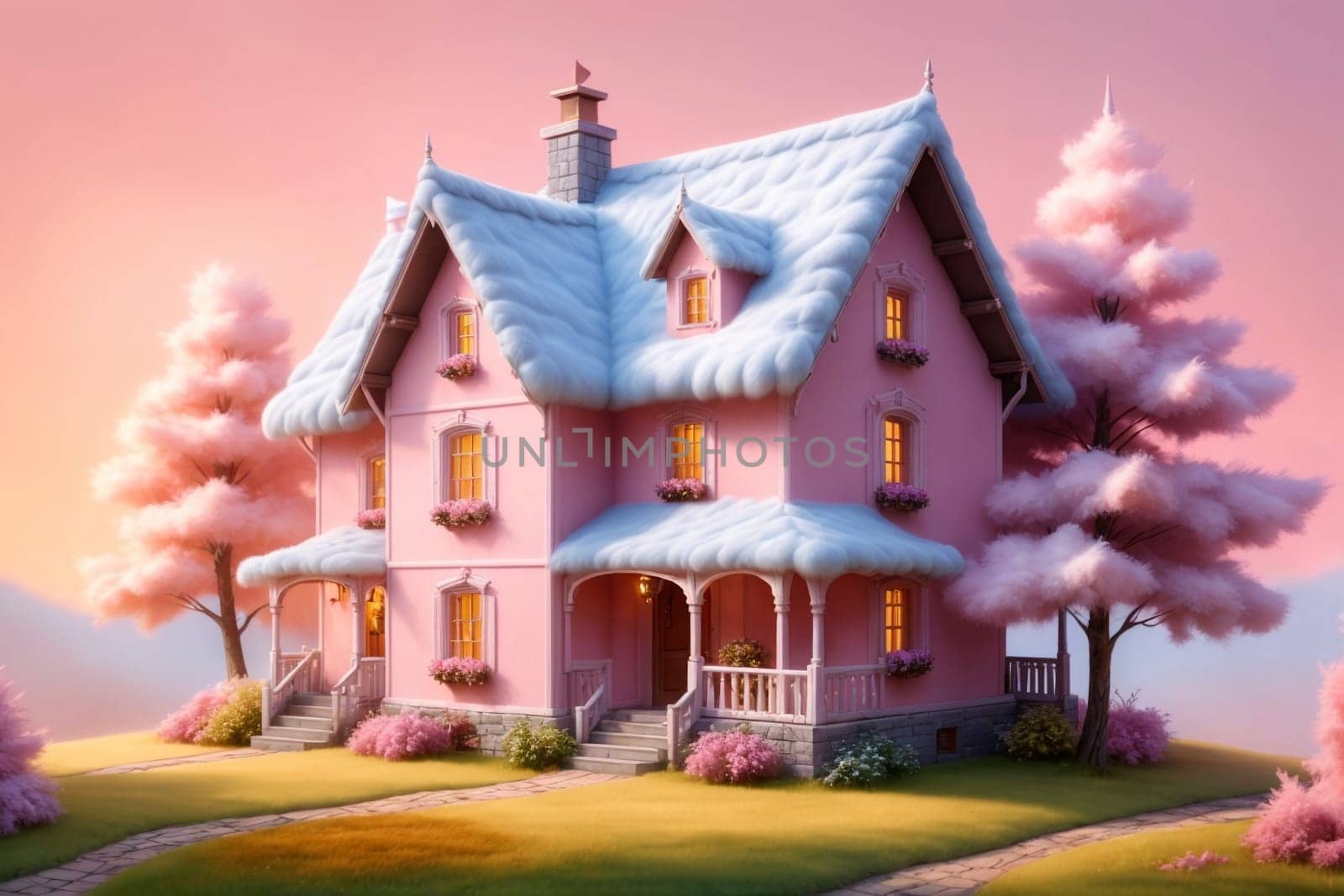 cozy warm house of pastel pink color in warm colors with a roof made of warm fur by Rawlik