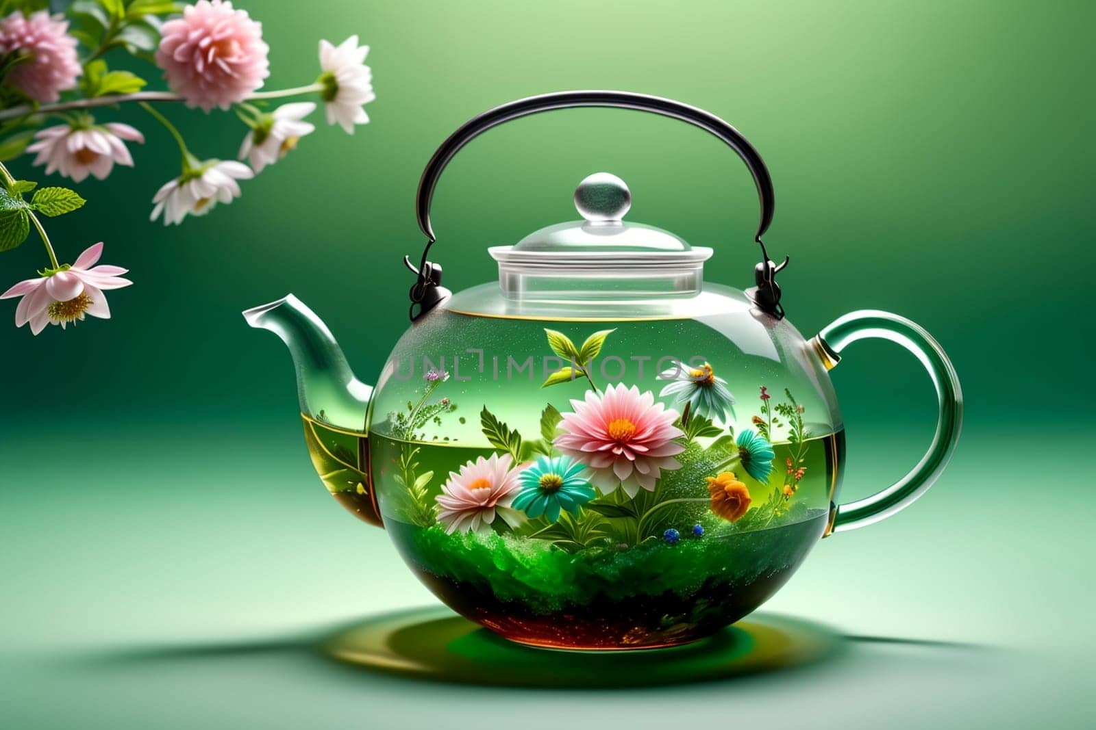 flower tea in a glass teapot on a green background .