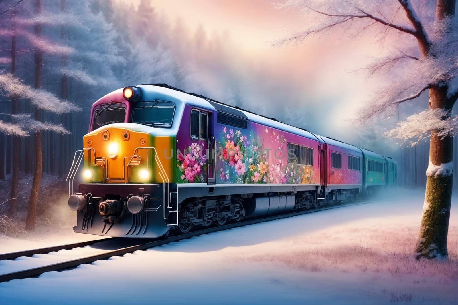 a colorful train with floral painting travels through the forest in winter, in pastel colors .