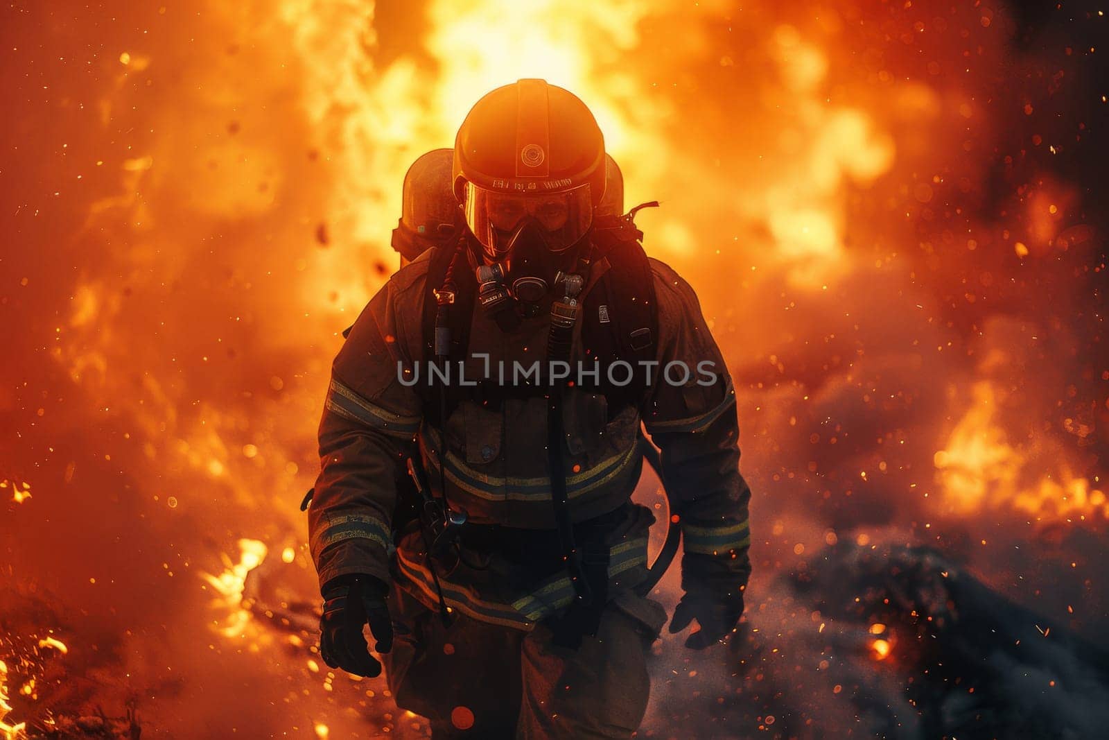 A firefighter is walking through a burning building by itchaznong