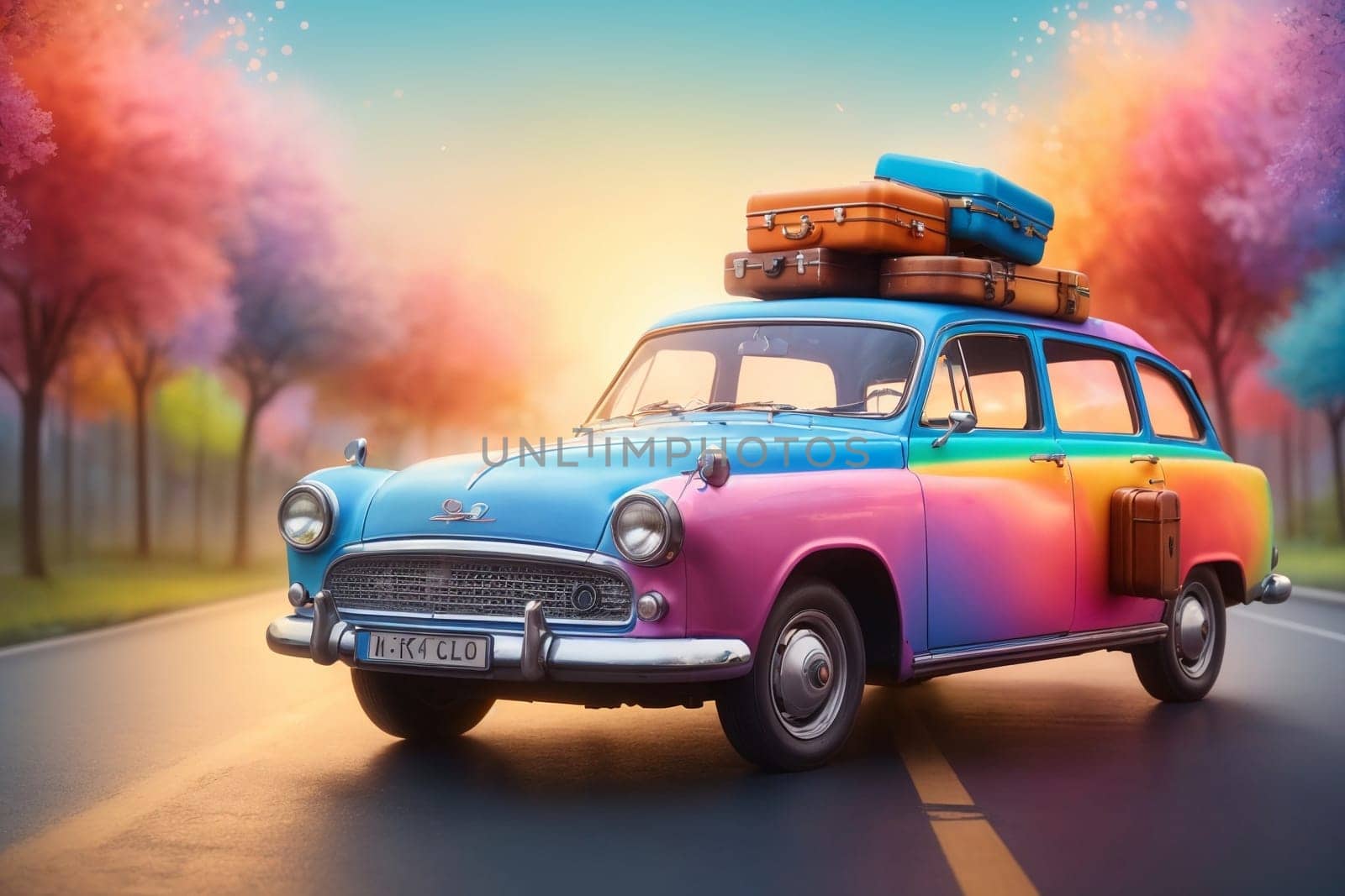 bright multi-colored car with suitcases on the road by Rawlik