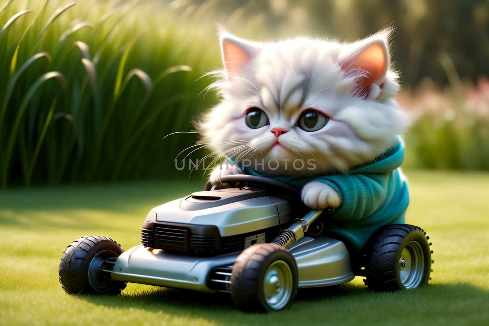cat with a lawnmower mows the grass, summer by Rawlik