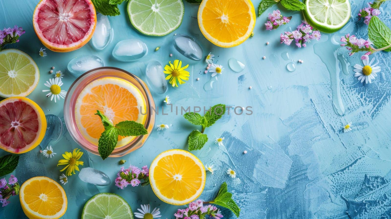 A blue background with a variety of fruits and flowers, including oranges, limes, and mint