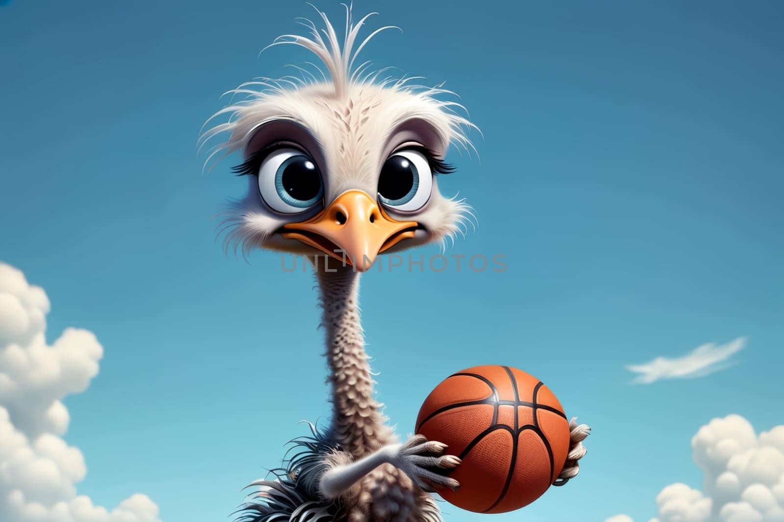 cute sporty happy ostrich playing basketball by Rawlik