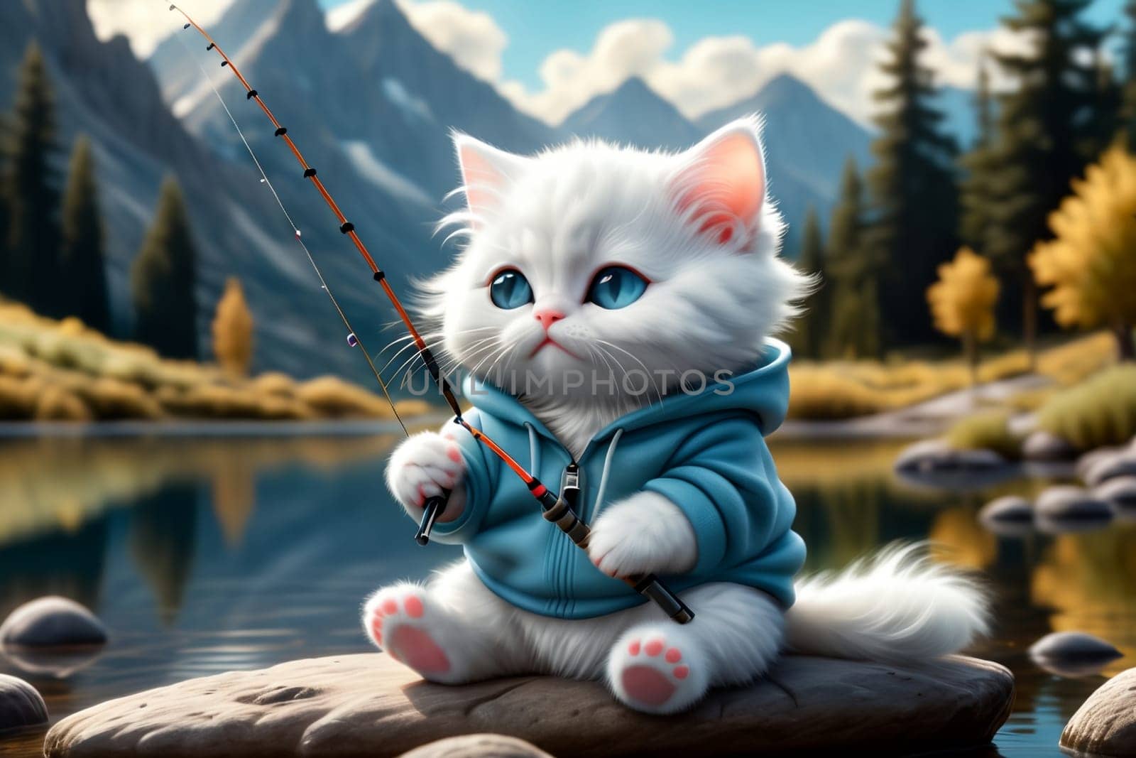 cat catches fish on a beautiful lake by Rawlik
