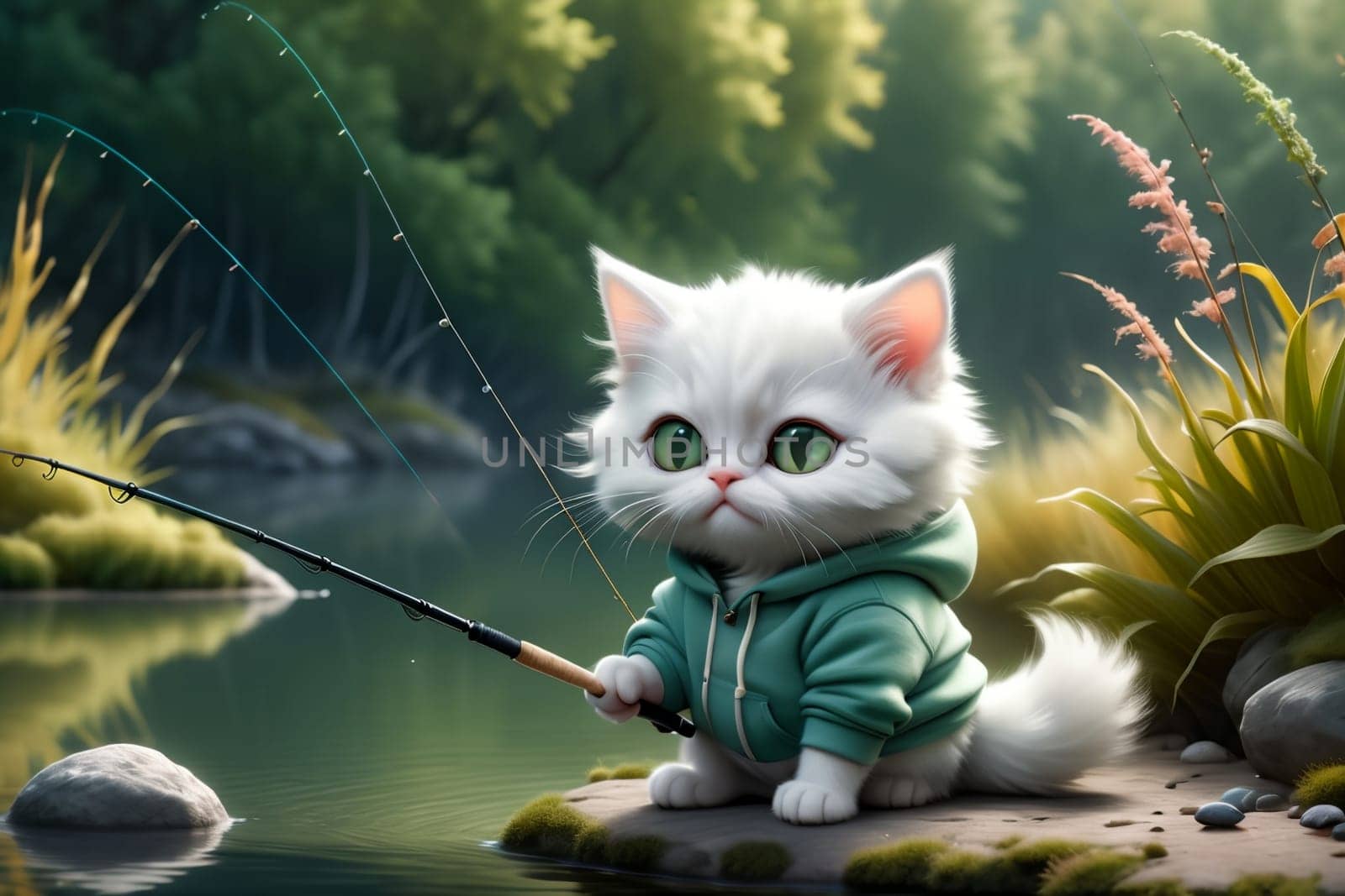cat catches fish on a beautiful lake .