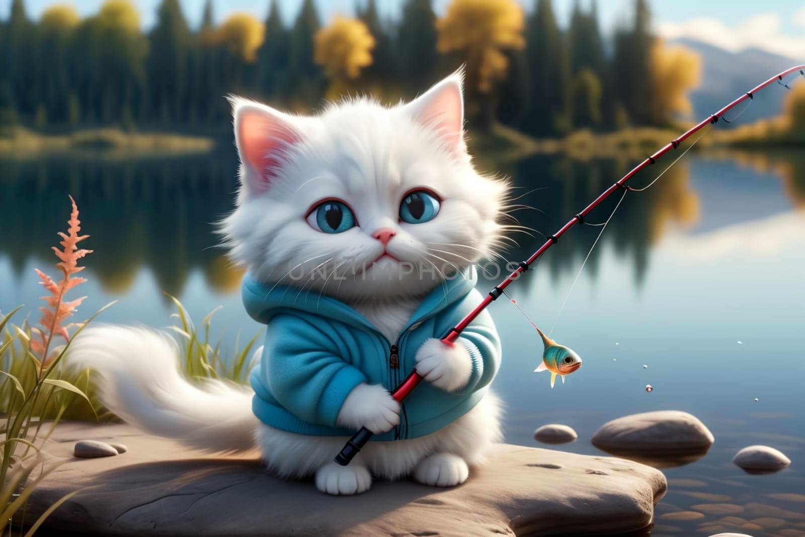 cat catches fish on a beautiful lake .