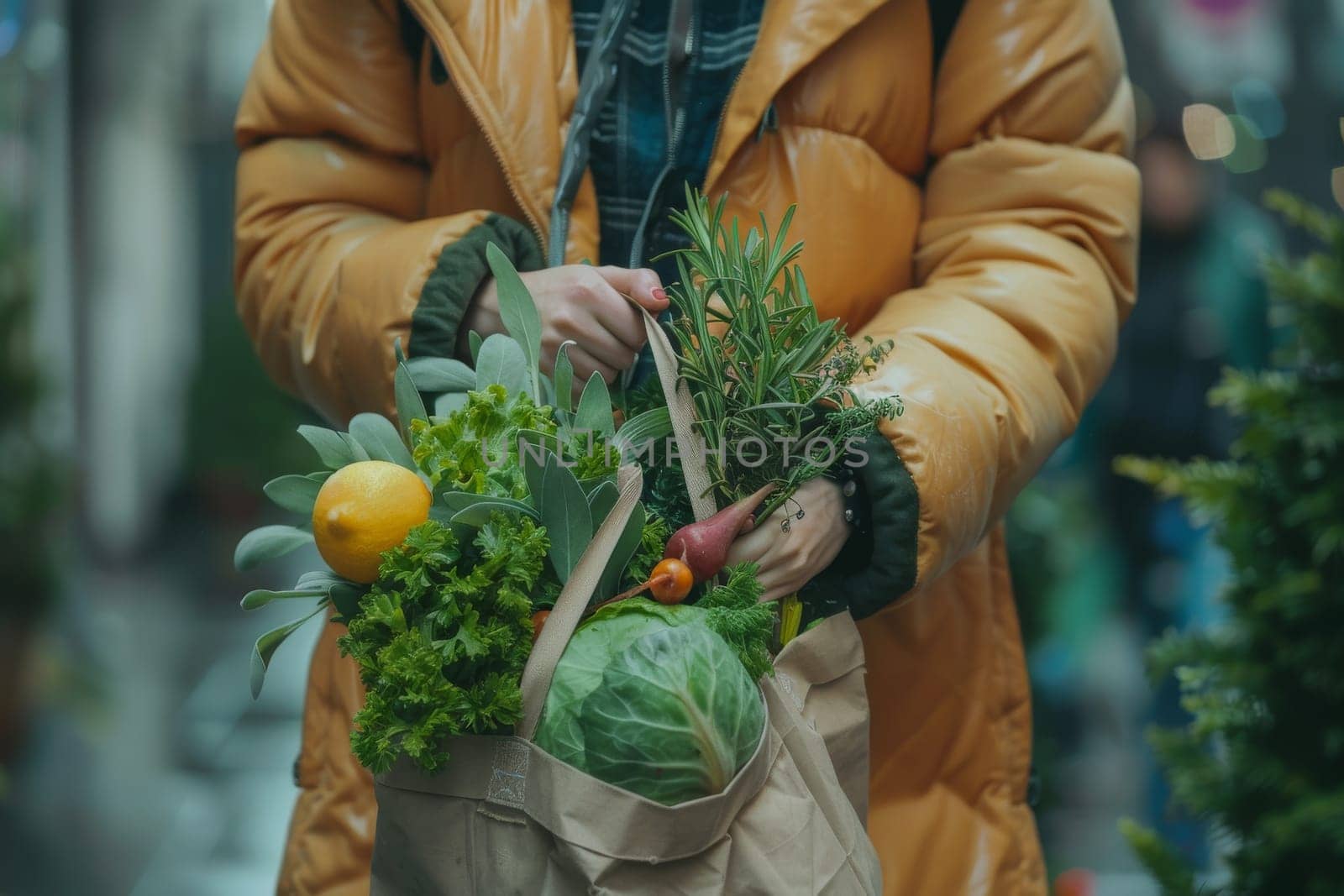 A person is holding a bag of vegetables, including carrots, broccoli, and celery. The bag is brown and the person is wearing a yellow jacket