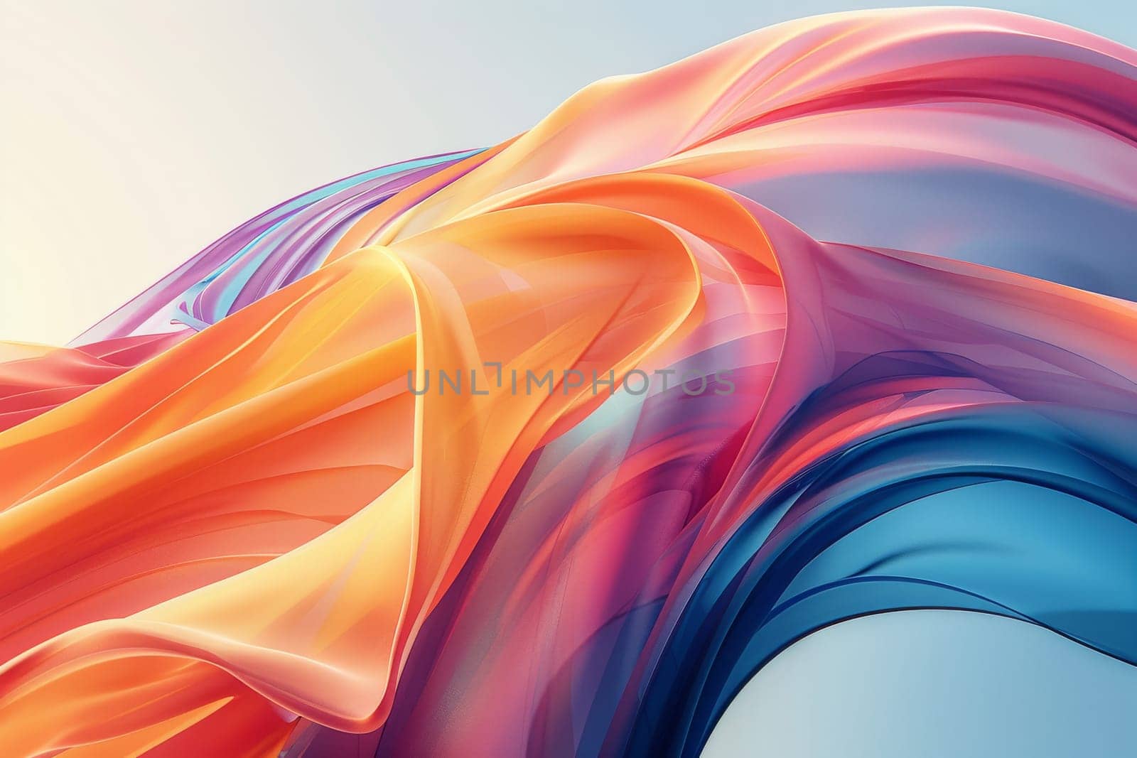 A colorful, flowing piece of fabric with a blue and orange stripe. The colors are vibrant and the fabric appears to be flowing in a wave-like motion