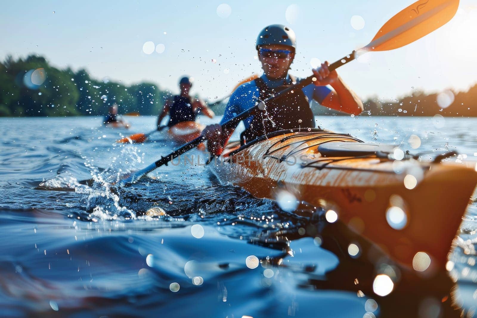 A man in a yellow kayak paddles through the water