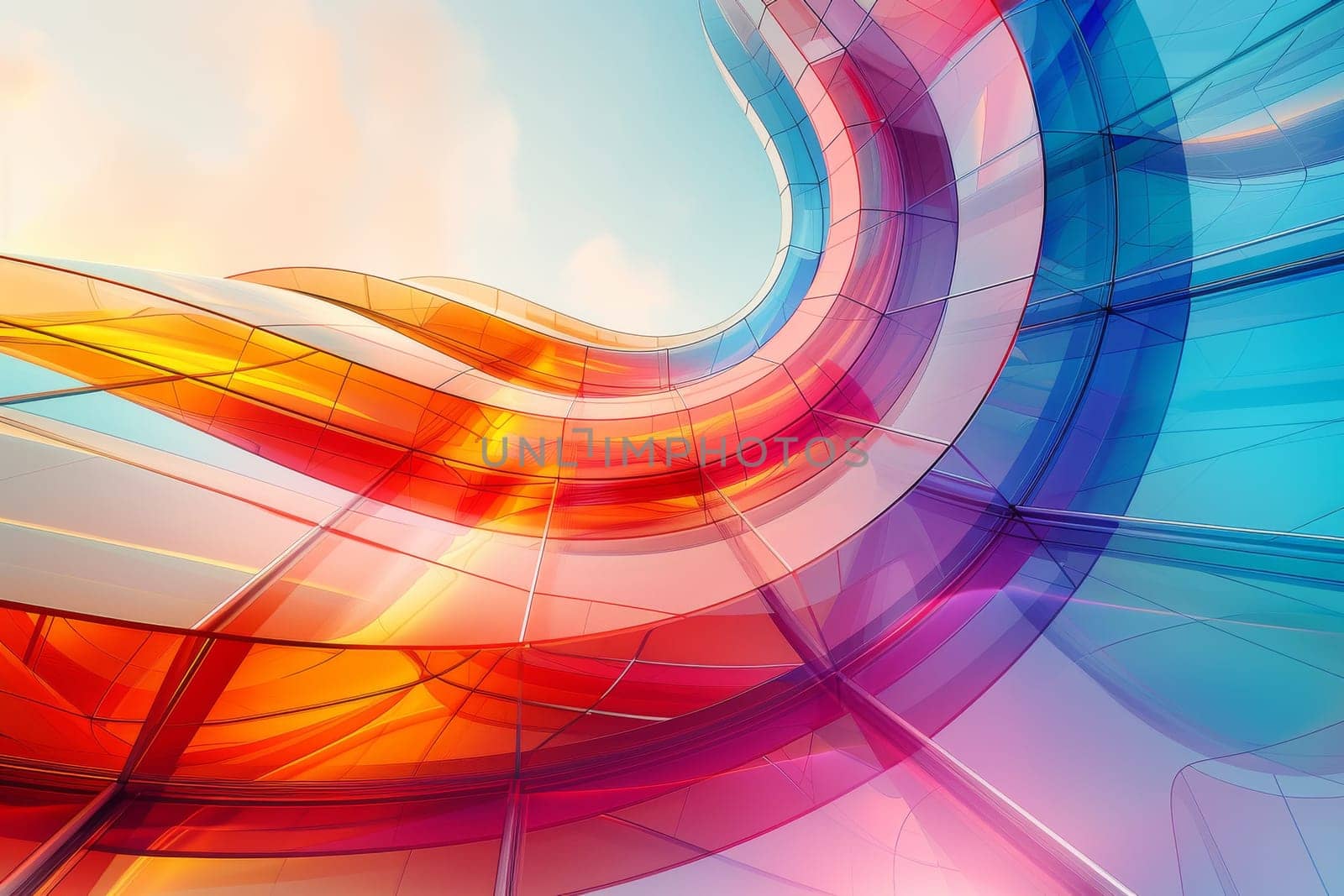 A colorful, abstract design with a red, yellow, and blue swirl. The colors are vibrant and the design is dynamic.