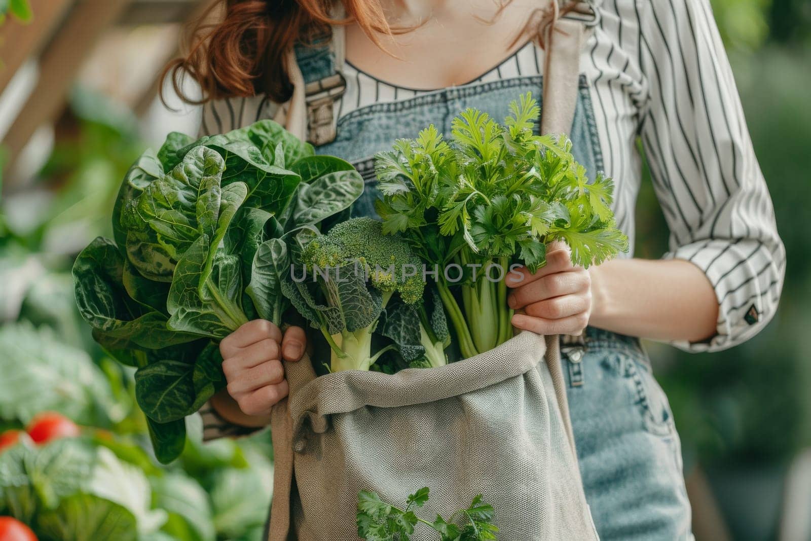 A woman is holding a bag of vegetables, including broccoli and cilantro. She is wearing blue overalls and has red hair