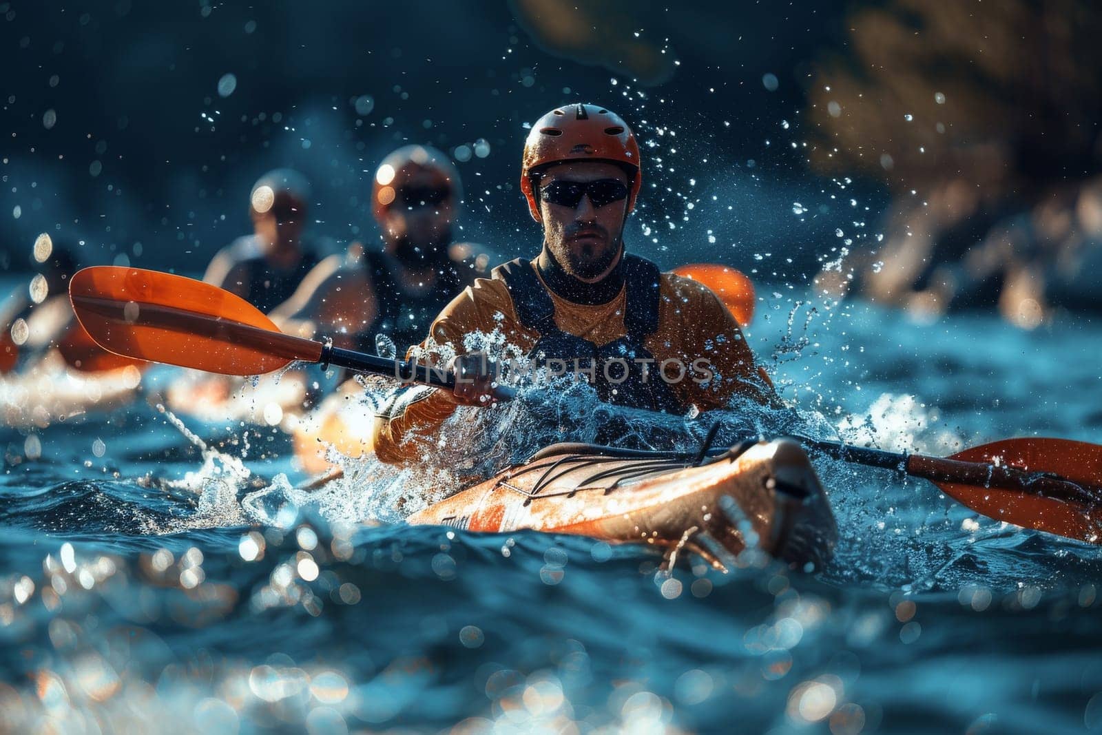 A man in a yellow life jacket paddles a kayak in the water. The water is choppy and the man is surrounded by other kayakers