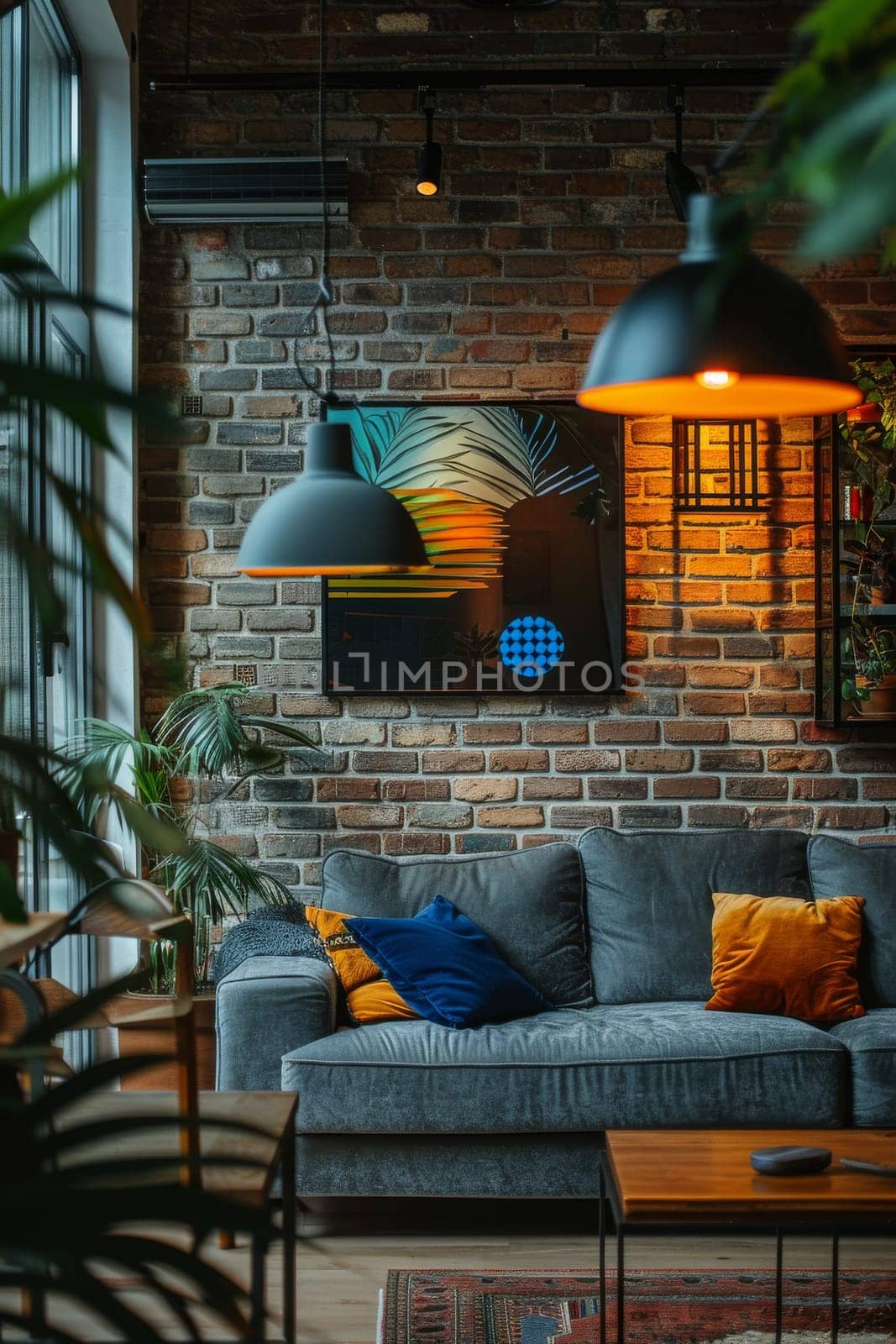 A living room with a brick wall and a couch with pillows on it by itchaznong