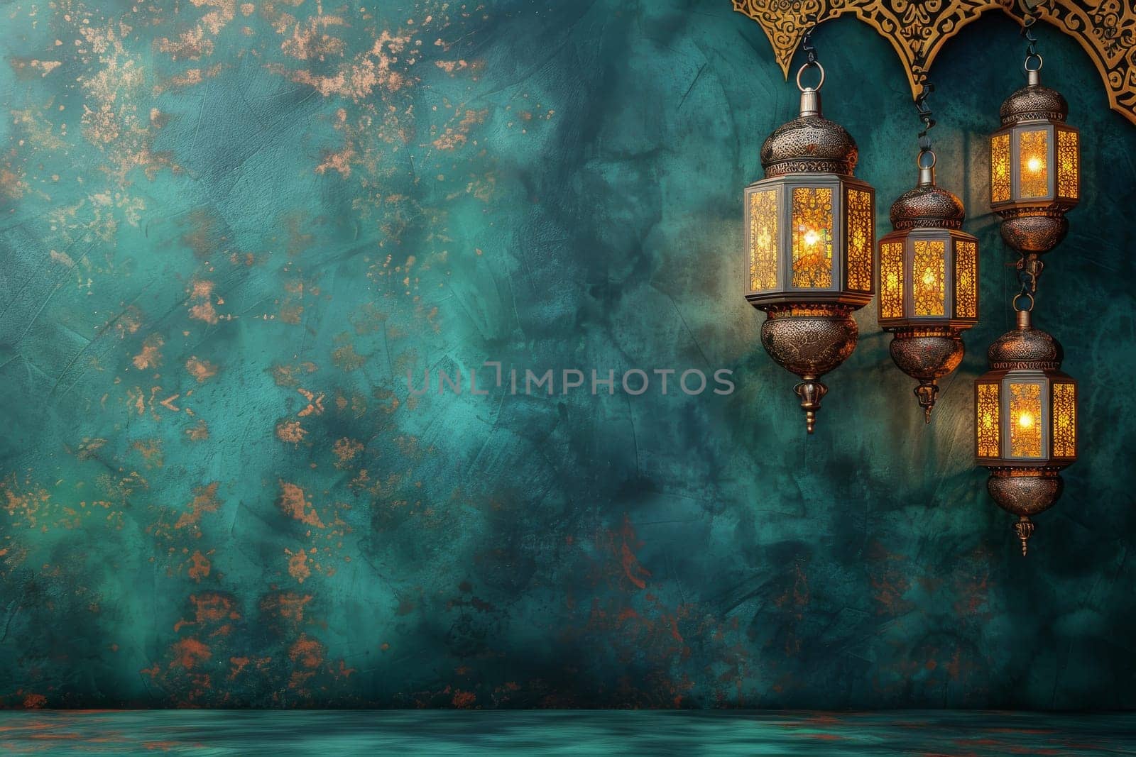 A blue wall with a green background and a row of four lanterns hanging from the ceiling. The lanterns are lit, creating a warm and inviting atmosphere. Scene is cozy and welcoming