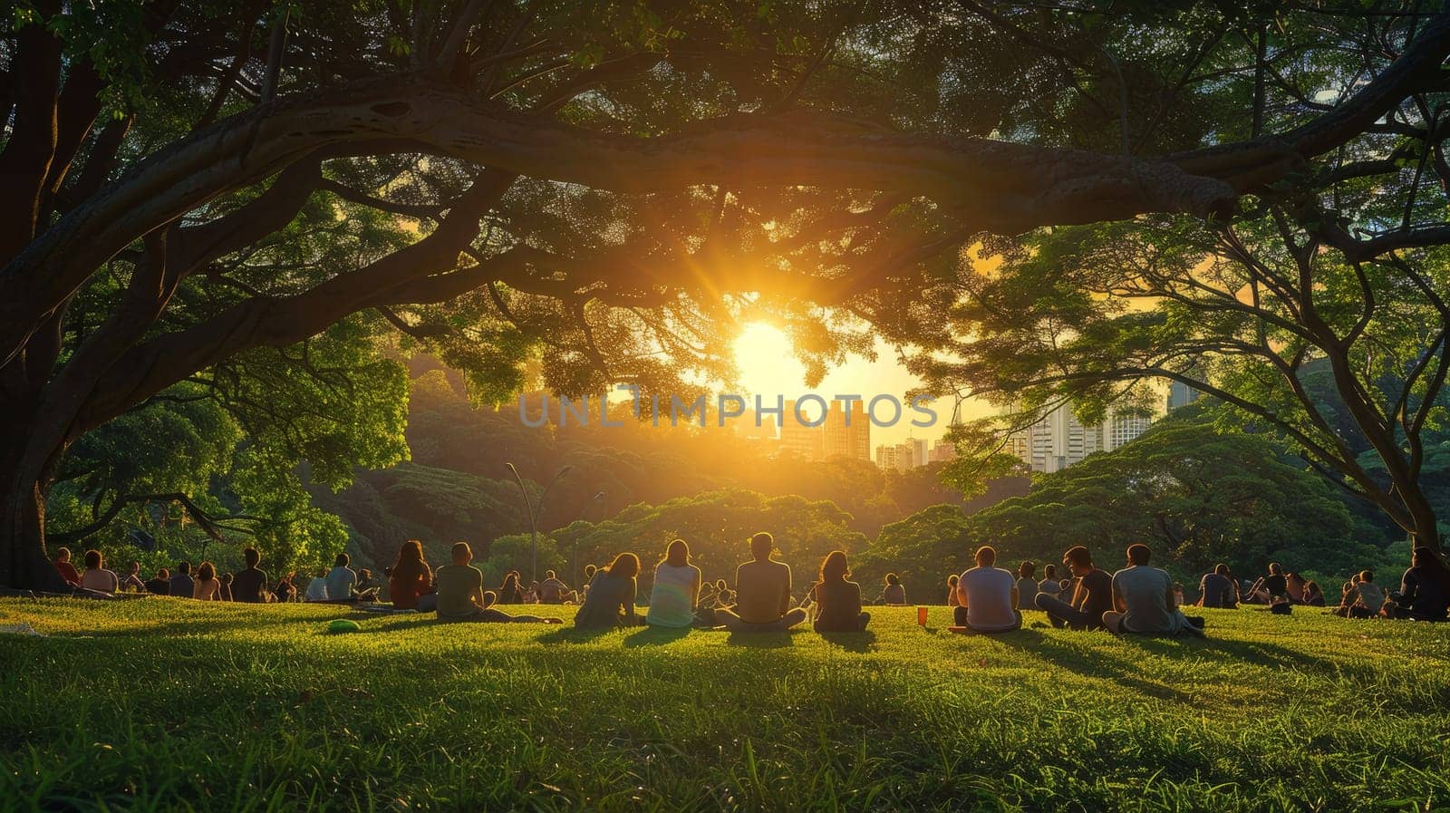 A group of people are sitting in a park under a large tree. The sun is setting, casting a warm glow over the scene. The atmosphere is peaceful and serene, as the people enjoy the beauty of nature
