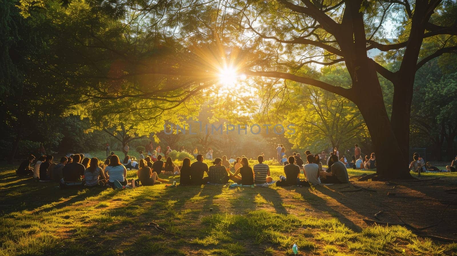 A large group of people are sitting in a park under a tree. The sun is shining brightly, casting a warm glow on the scene. The atmosphere is relaxed and peaceful