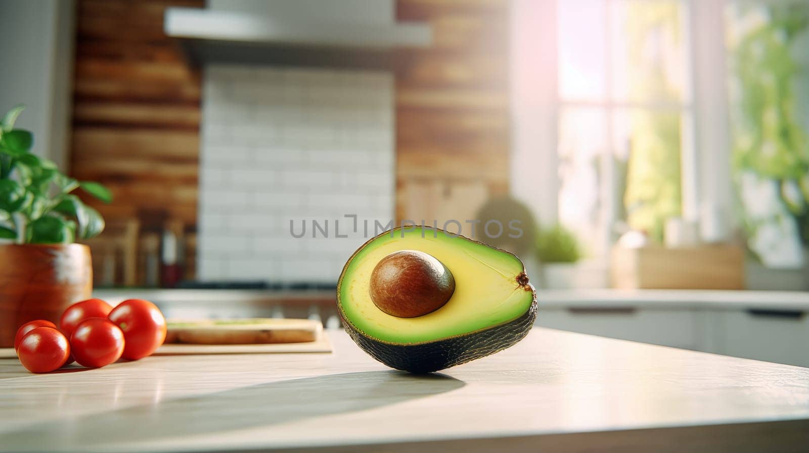 food background with fresh organic avocado on old wooden table, top view, copy space by Alla_Yurtayeva