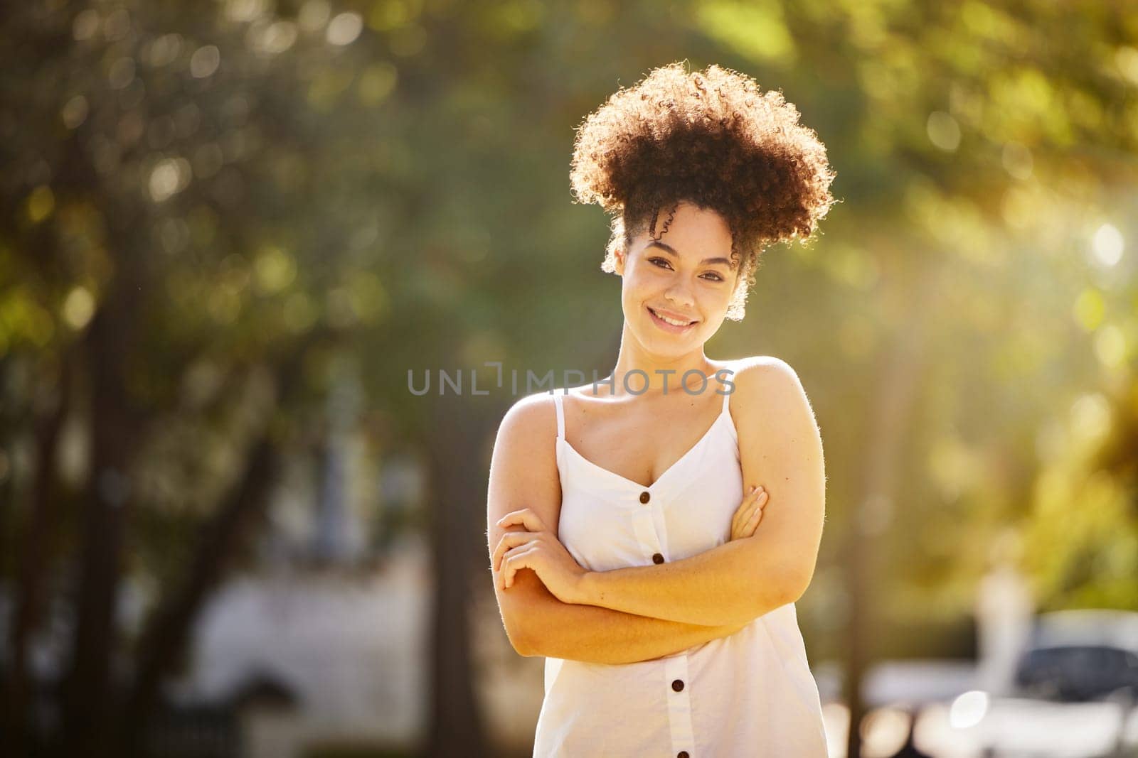 Portrait, black woman and smile outdoor in summer for park walk, fresh air and peace on weekend away. Female person, calm and happy in nature for vacation, adventure or holiday and work break.