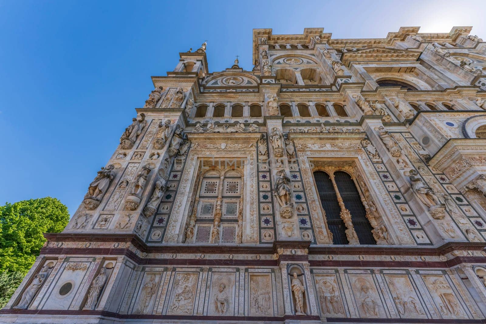 Wonderful close up of Certosa di Pavia monastery, details on the left side facade of the church,Pavia,Italy