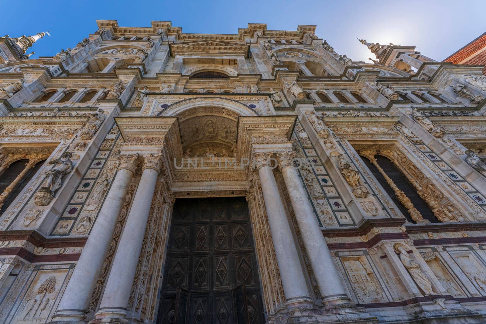 Nice close up of Certosa di Pavia monastery, details of the entrance facade of the church,Pavia,Italy