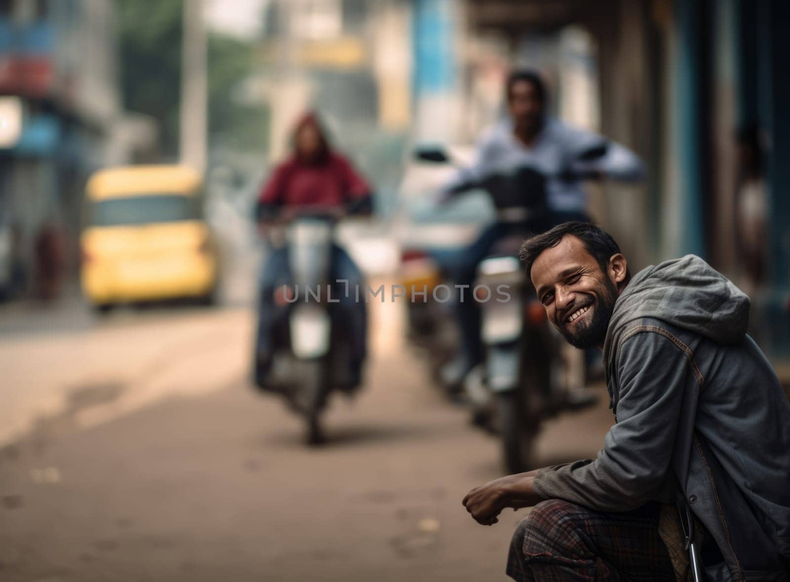 Resilient homeless man sitting on the side of a busy street in India, conveying a sense of loneliness and poverty