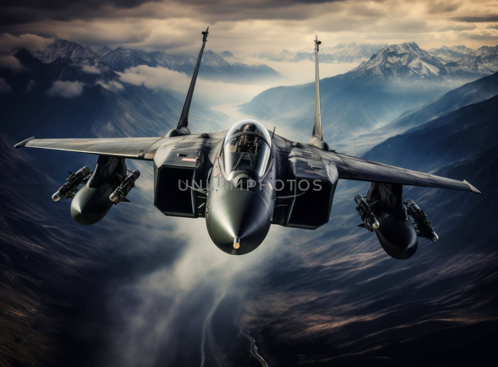 Modern Combat 5th or 6th generation fighter aircraft flies at high altitude against a blue sky and ground. Combat aviation, Air Force. Military jet flying armed with surface-to-air missiles