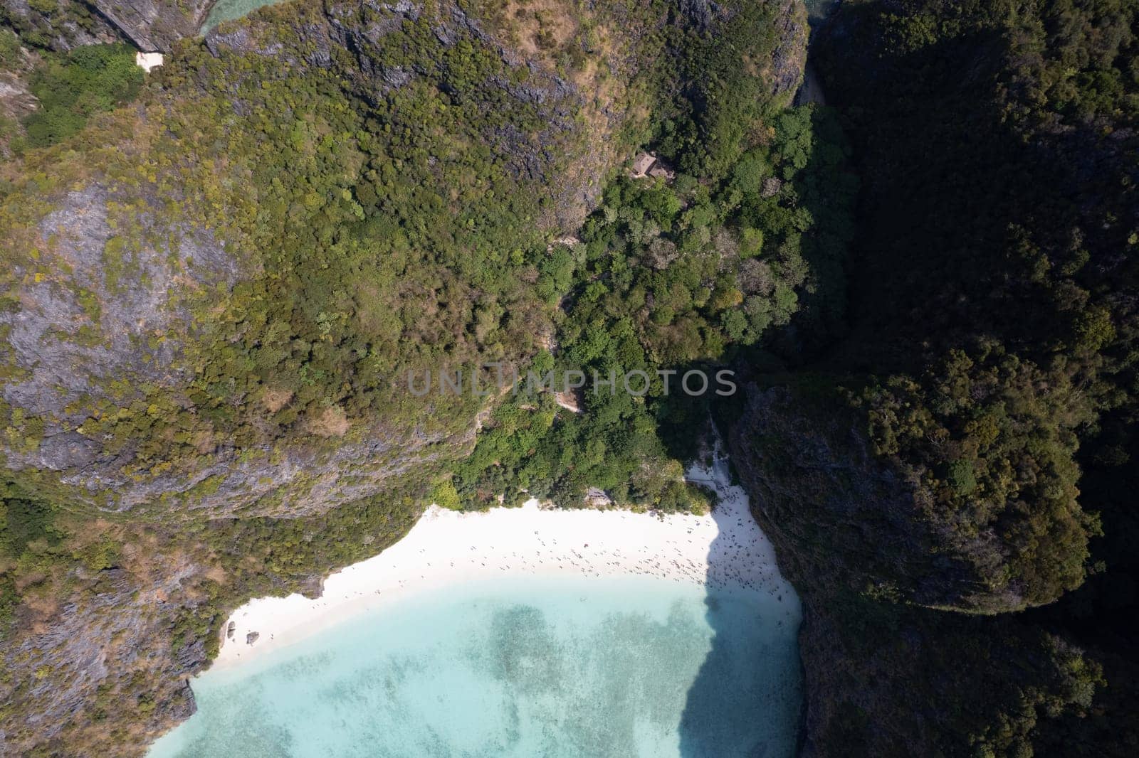 Aerial view of Maya bay beach in koh Phi Phi Leh, Krabi, Thailand by worldpitou