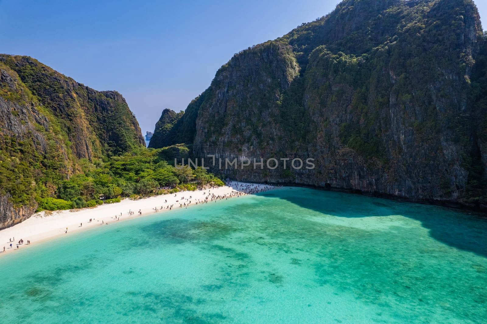 Aerial view of Maya bay beach in koh Phi Phi Leh, Krabi, Thailand by worldpitou