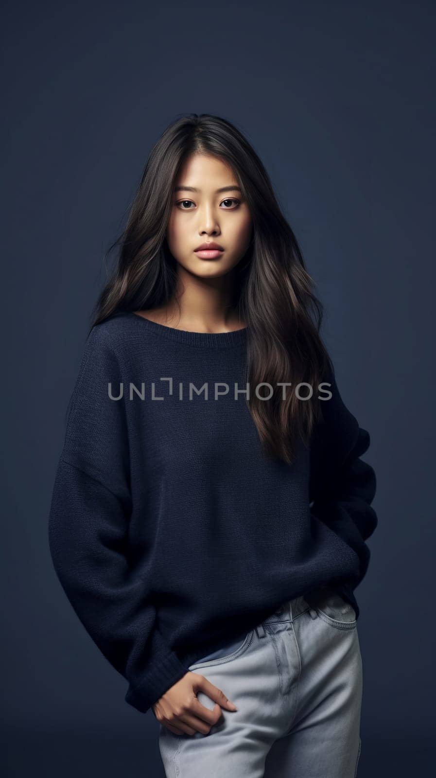 A young asian girl in a dark sweater and light jeans, posing against a dark background