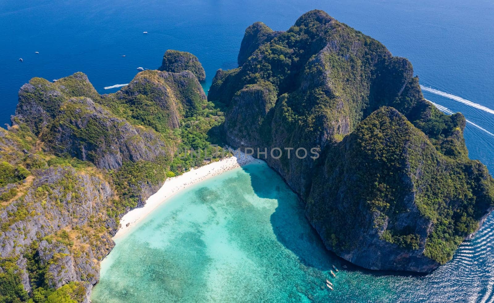 Aerial view of Maya bay beach in koh Phi Phi Leh, Krabi, Thailand by worldpitou