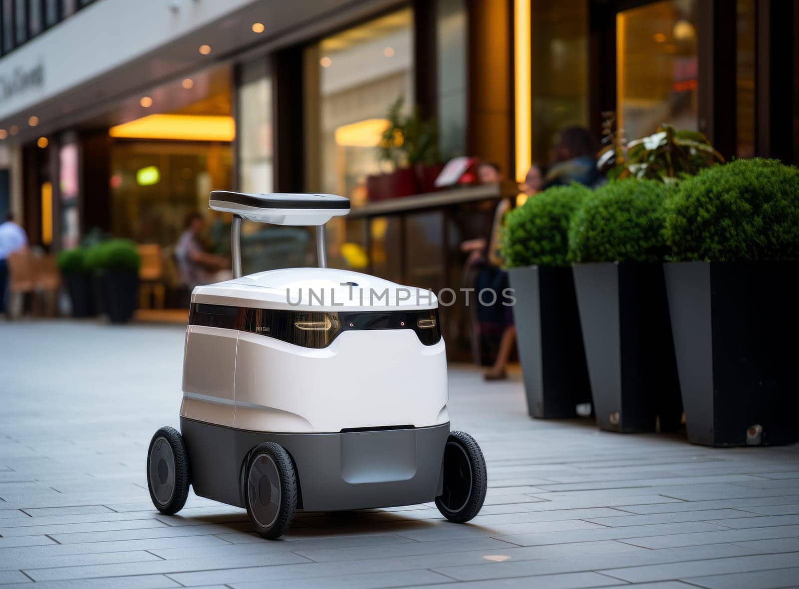 Moving delivery robot on the evening city on public road. White futuristic cyber-courier are cruising the sidewalks and street near shop, cafe, restaurant and people. Modern robotic delivery