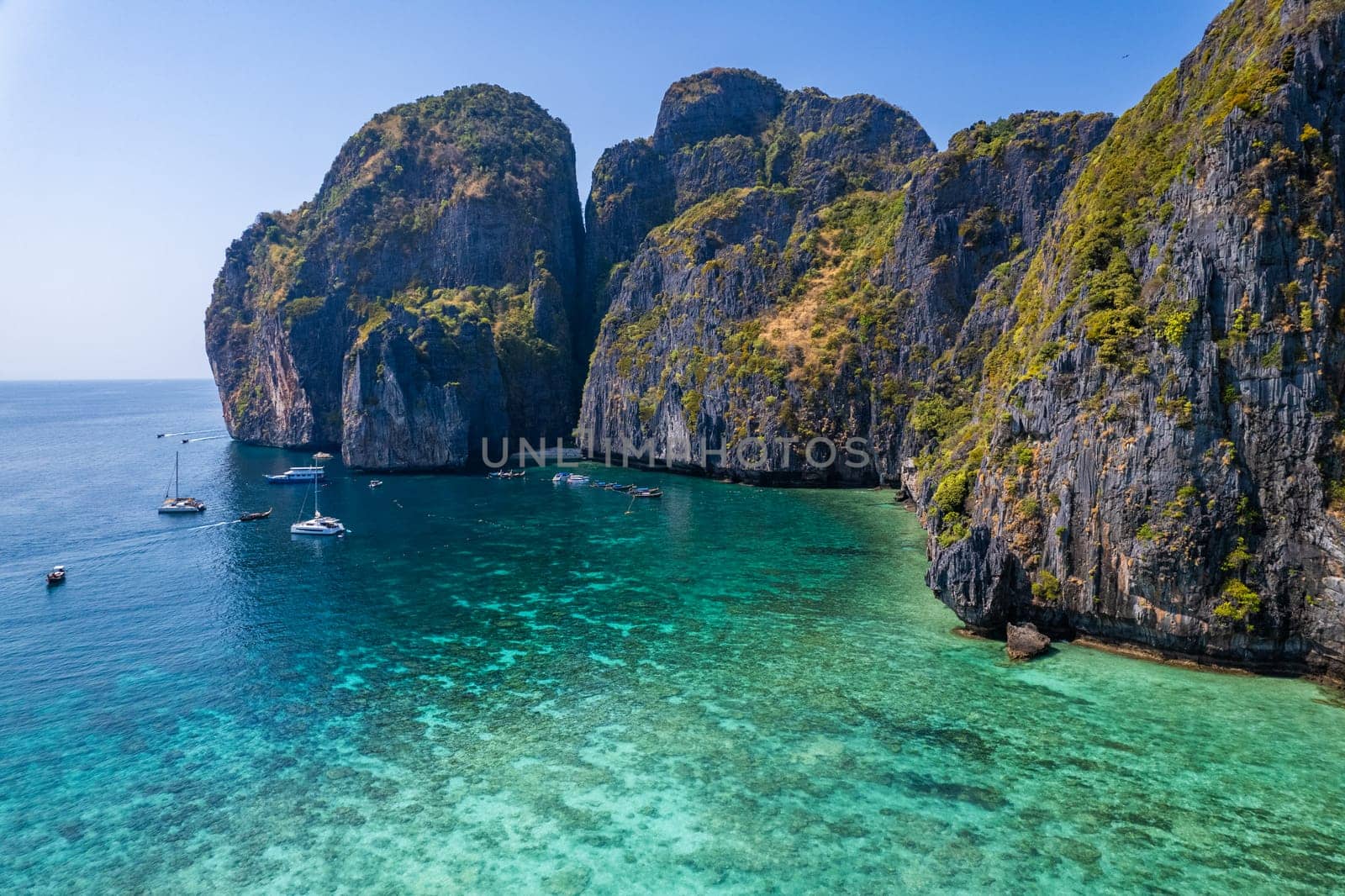 Aerial view of Maya bay beach in koh Phi Phi Leh, Krabi, Thailand by worldpitou