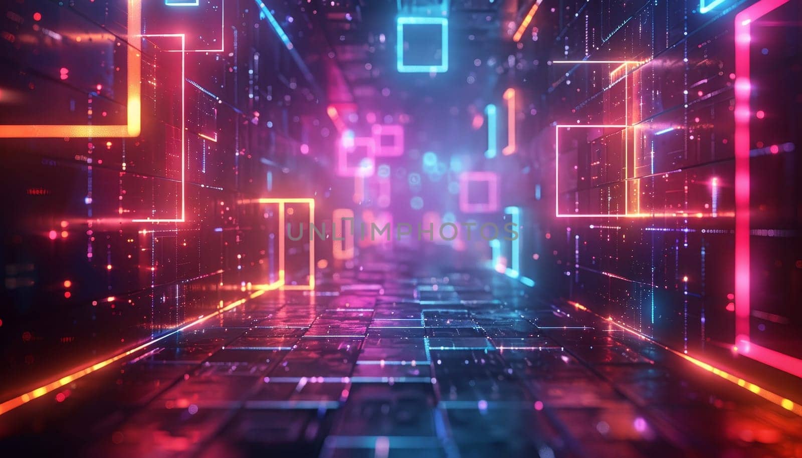 A neon colored room with a lot of squares and lines by AI generated image by wichayada