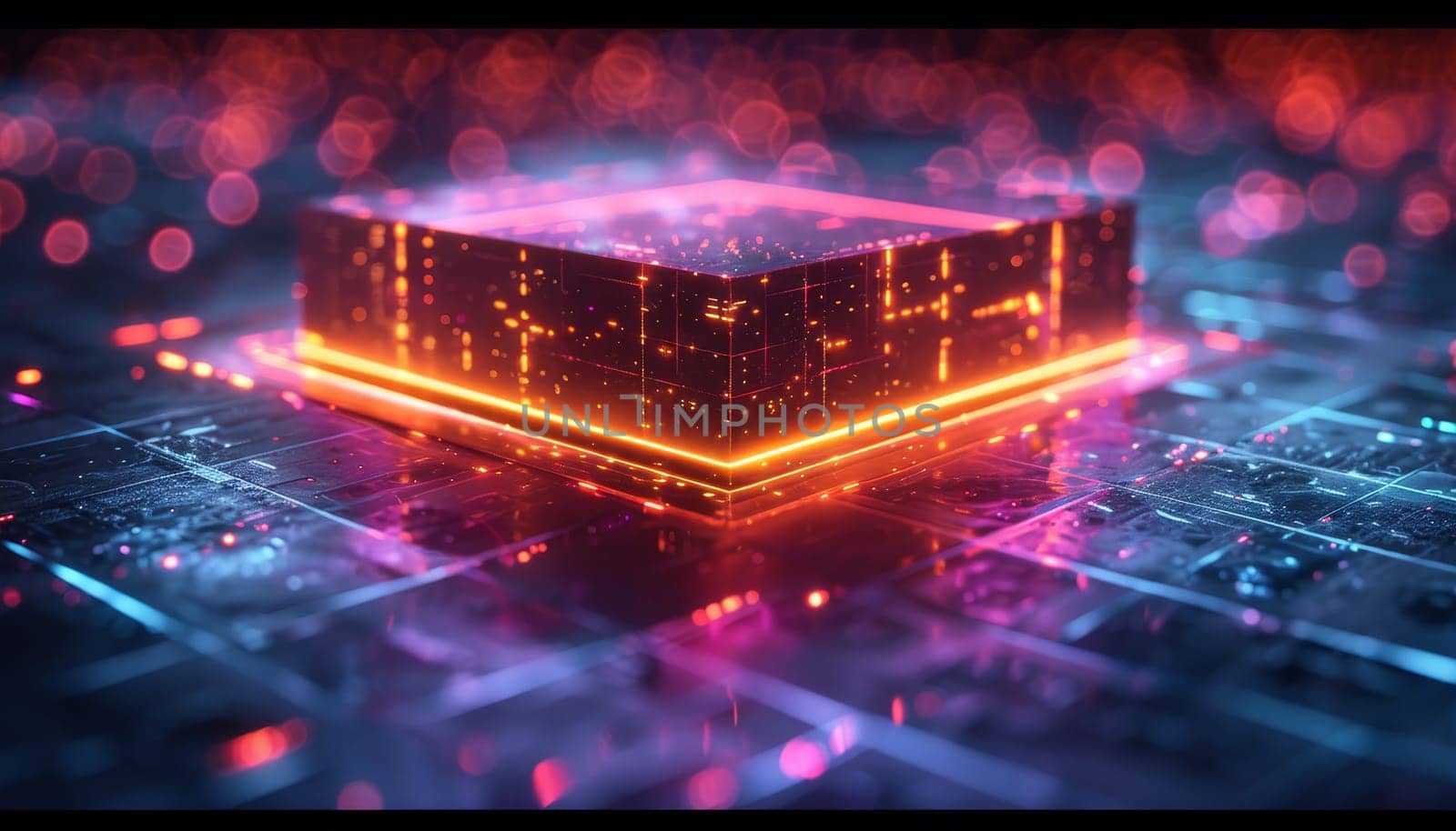 A computer chip is lit up in neon colors by AI generated image.