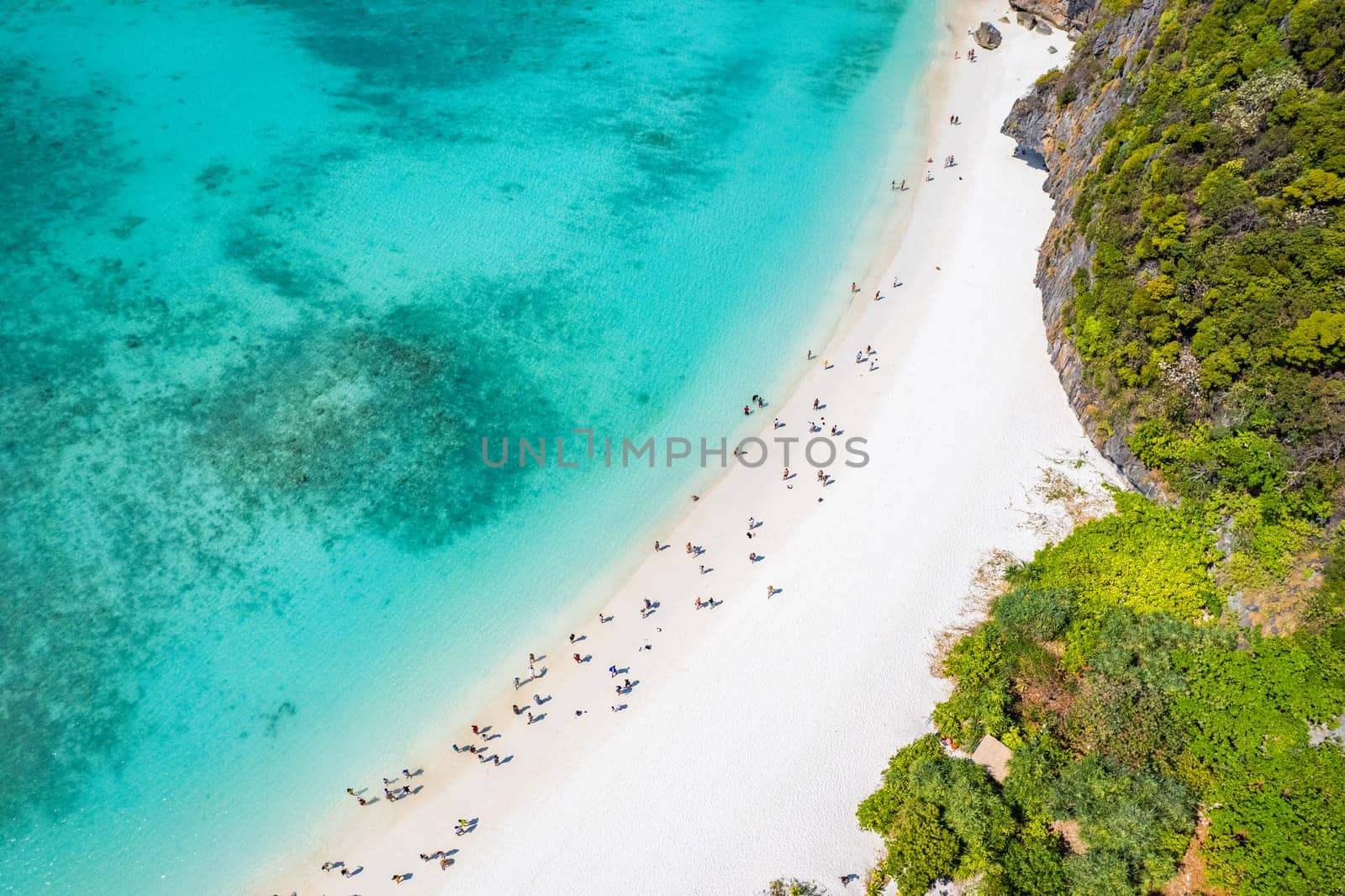 Aerial view of Maya bay beach in koh Phi Phi Leh, Krabi, Thailand by worldpitou