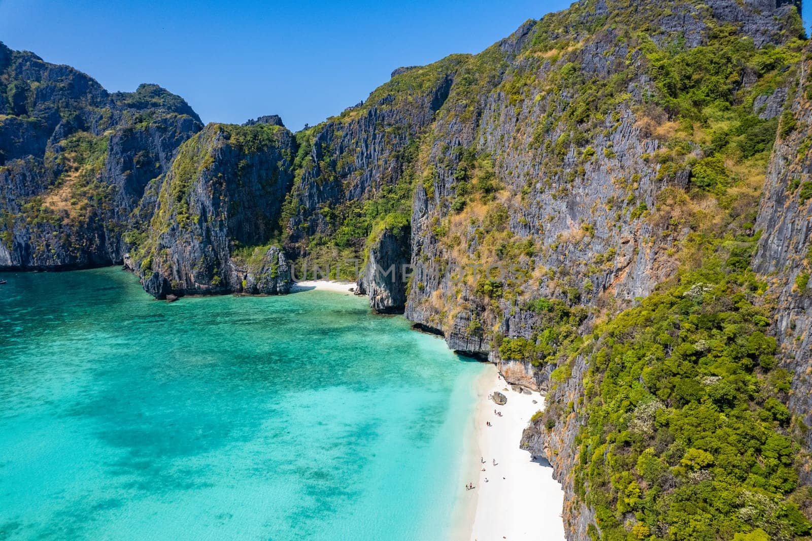 Aerial view of Maya bay beach in koh Phi Phi Leh, Krabi, Thailand by worldpitou