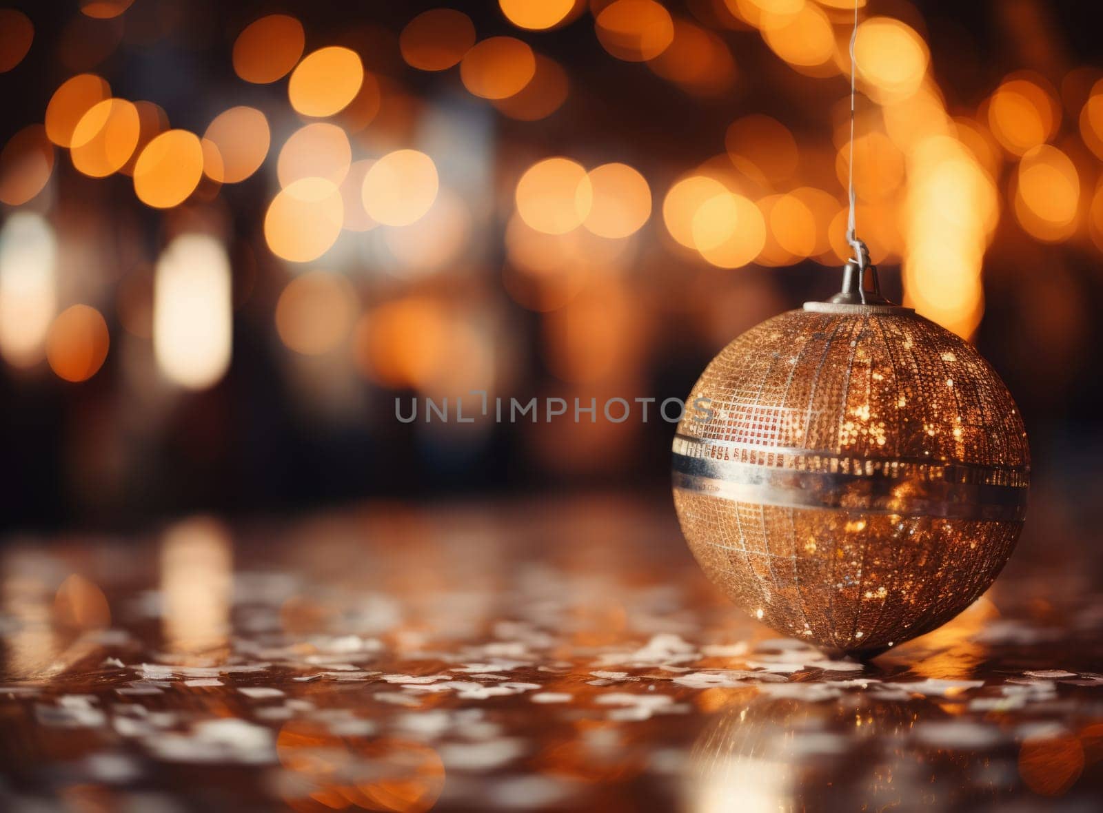 Beautiful Christmas toy with sparkles inside. Golden festive ball with blurred bokeh in the background. Concept for New Year or Christmas card, invitation with copy space for text