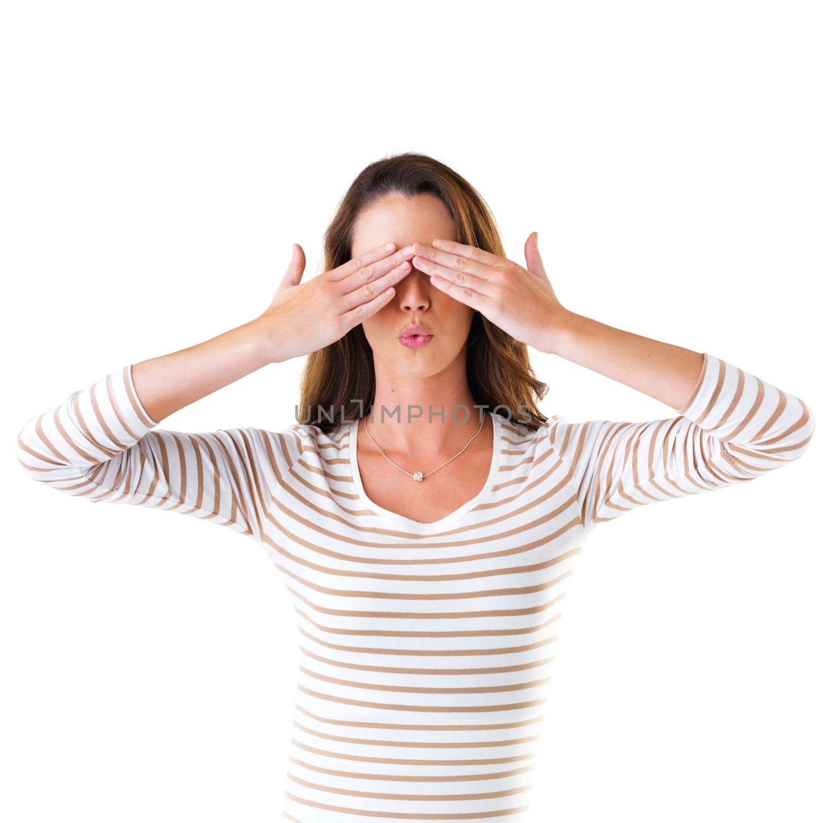 Eyes, cover and woman in studio, surprise and hide with hands, cheerful and silly for news or announcement. White background, girl and person with secret, mockup and pouting of model of Chicago.