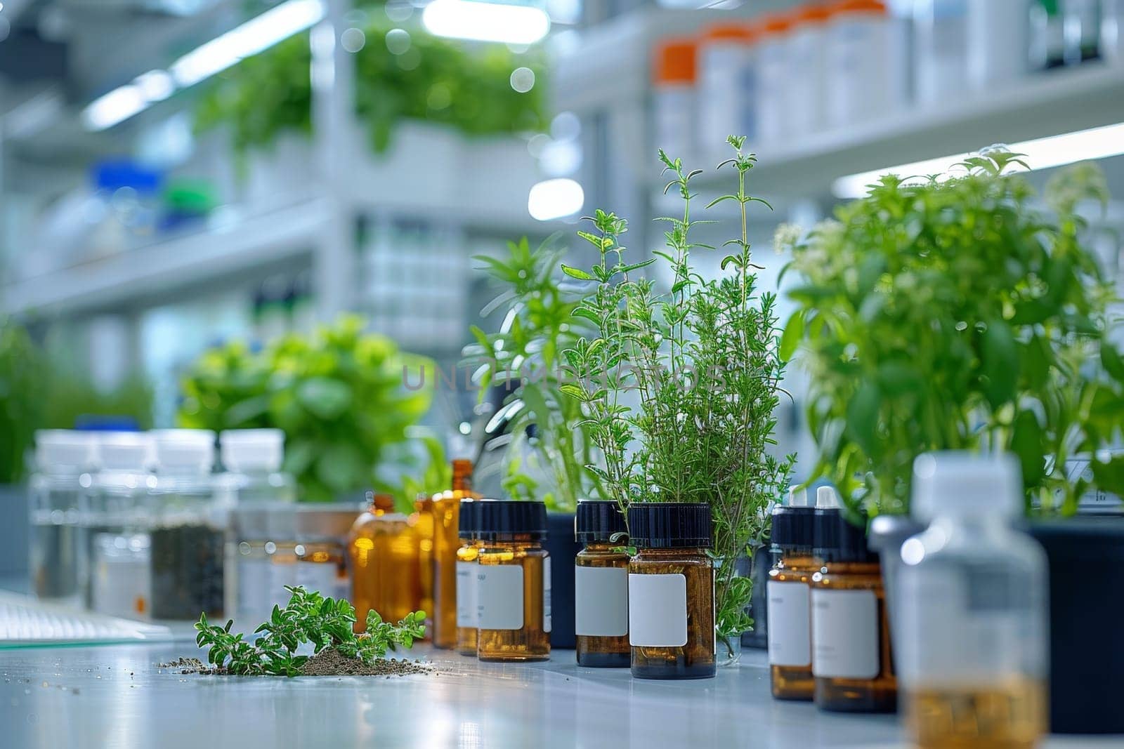 A lab table with several vials of herbs and plants by itchaznong