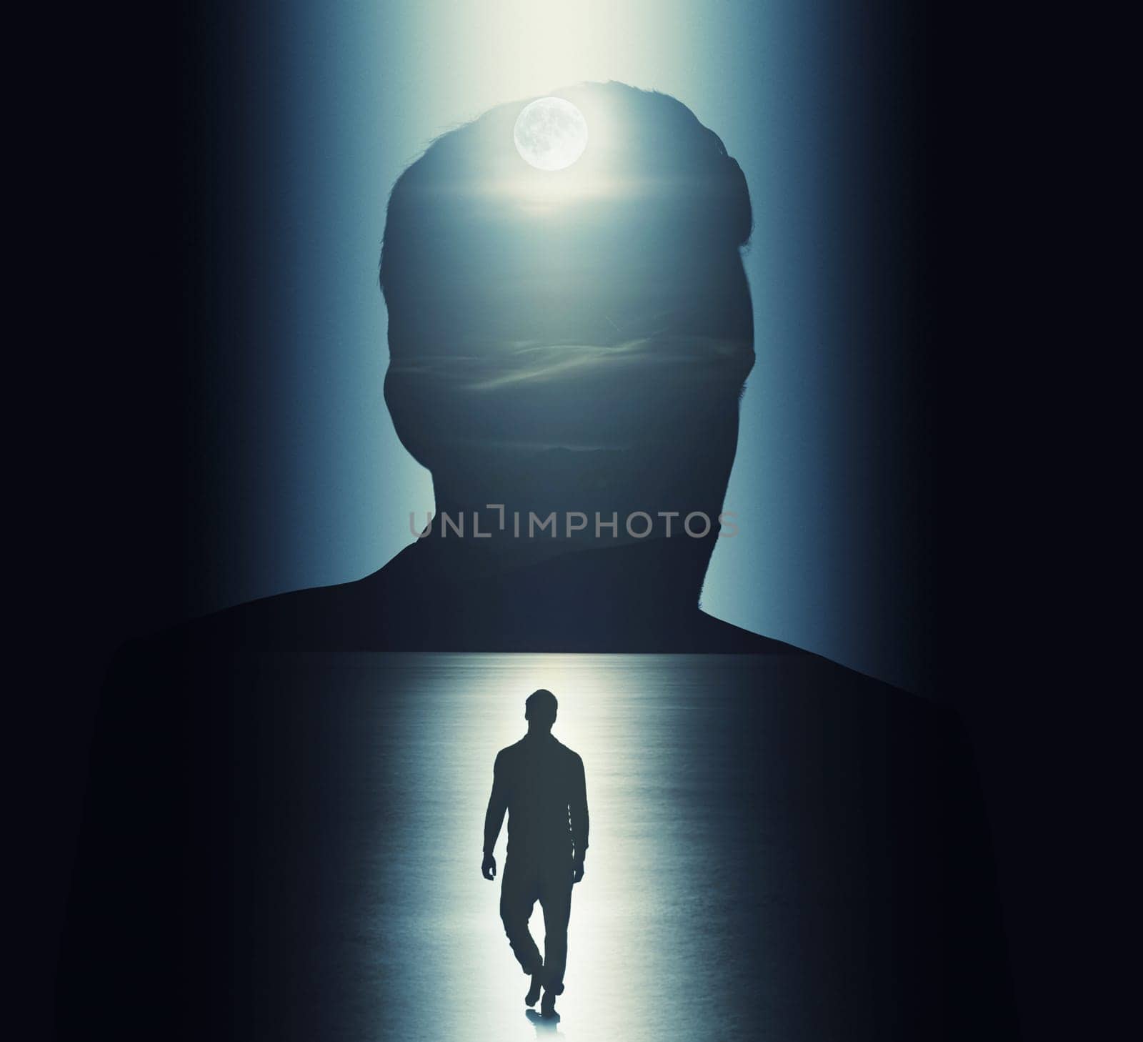 Man, silhouette or moon as mystery, thriller or science fiction as vision of dark horror story. Person, figure or night as creative, art or design of mind, shadow or double exposure reflection mockup.