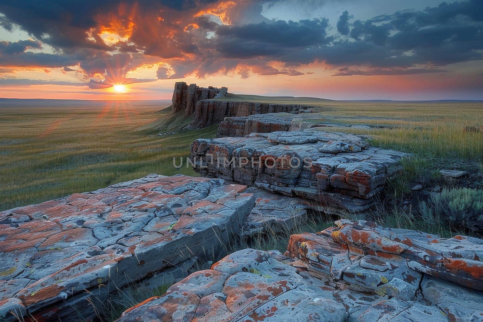 A rocky landscape with a sunset in the background. The sky is filled with clouds, and the sun is setting behind the rocks. Scene is serene and peaceful, as the sun sets over the rocky terrain