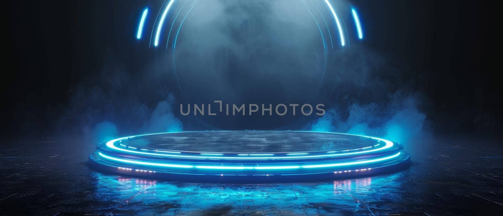 A blue, glowing, circular stage with a foggy atmosphere by AI generated image.